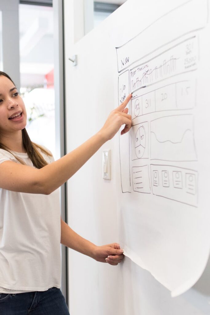 Confident young woman presenting a design on a whiteboard in a modern workspace.